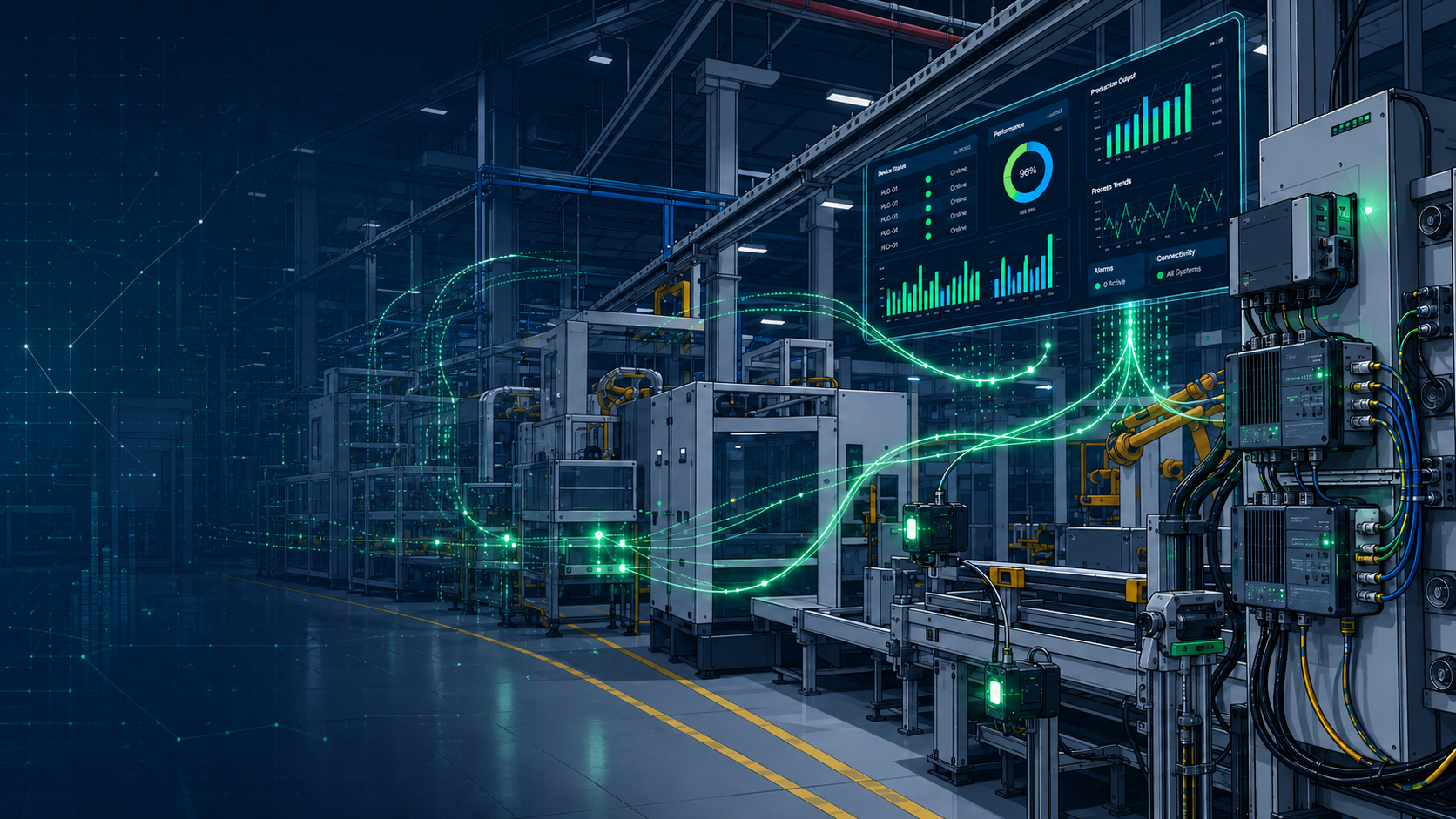 Fábrica moderna com sensores industriais conectando dados de máquinas a dashboards operacionais.