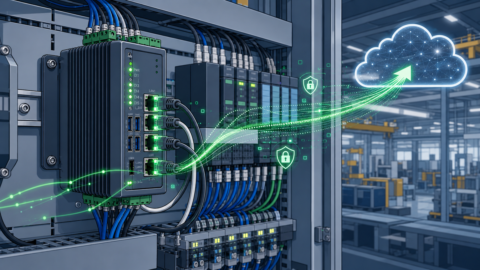 Gateway industrial conectado a módulos de automação, com fluxo seguro de dados para a nuvem.